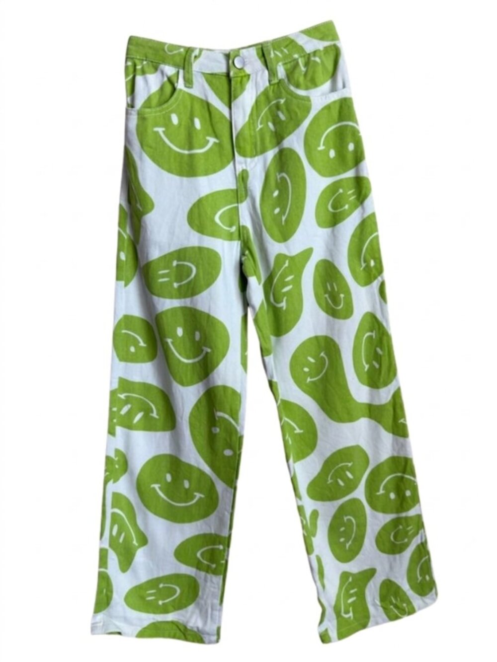 Smiley Face Drip Wide Leg Jeans High Waist Green XS Y2K Streetwear Cotton Denim